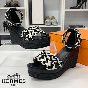 Hermes Ines Leather Braided Wedge Sole Sandals